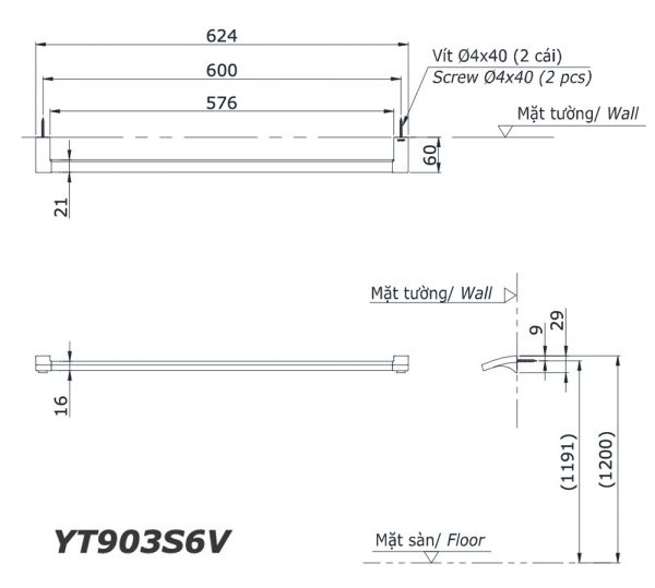 Bản vẽ kĩ thuật Thanh vắt khăn TOTO YT903S6V