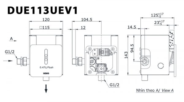 Bản vẽ kĩ thuật Van xả tiểu nam TOTO DUE113UEV1 cảm ứng dùng điện