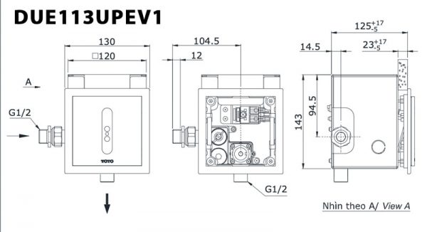Bản vẽ kĩ thuật Van xả tiểu nam TOTO DUE113UPEV1 cảm ứng dùng điện
