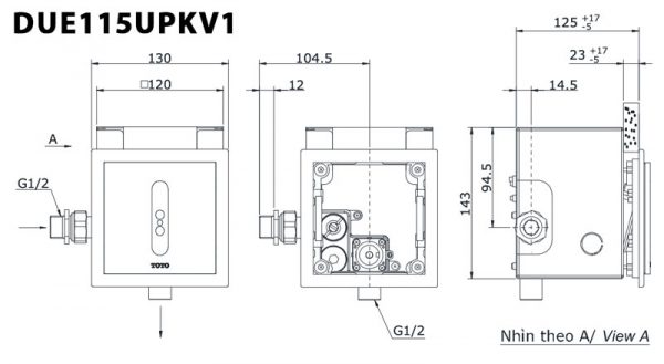 Bản vẽ kĩ thuật Van xả tiểu nam TOTO DUE115UPKV1 cảm ứng dùng pin âm tường
