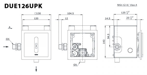 Bản vẽ kĩ thuật Van xả tiểu nam TOTO DUE126UPK cảm ứng dùng pin âm tường