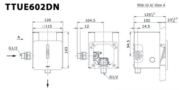 Bản vẽ kĩ thuật Van xả tiểu nam TOTO TTUE602DN cảm ứng dùng pin âm tường