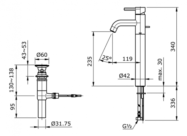 bản vẽ kĩ thuật Vòi chậu lavabo TOTO TX116LESN cổ cao nóng lạnh