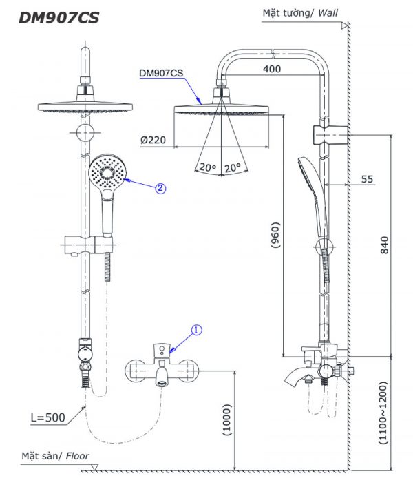 bản vẽ kĩ thuật Vòi sen cây TOTO DM907CS