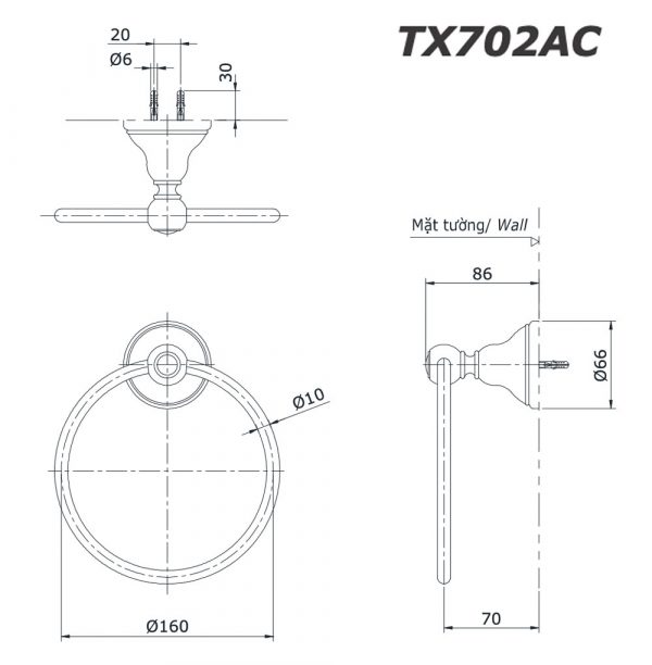 Bản vẽ kĩ thuật Vòng treo khăn TOTO TX702AC
