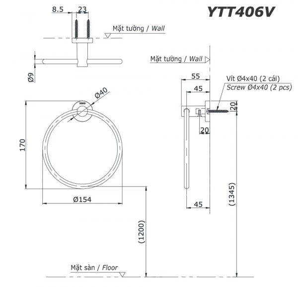 Bản vẽ kĩ thuật Vòng treo khăn TOTO YTT406V