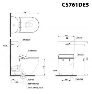 Bản vẽ kỹ thuật Bồn cầu 2 khối TOTO CS761DE5 nắp rửa cơ TCW09SK1