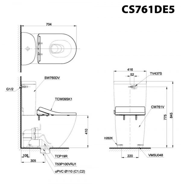 Bản vẽ kỹ thuật Bồn cầu 2 khối TOTO CS761DE5 nắp rửa cơ TCW09SK1