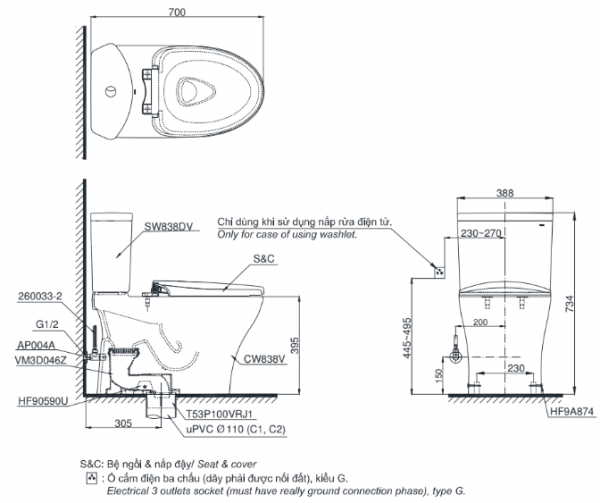 bản vẽ kỹ thuật Bồn cầu 2 khối TOTO CS838D