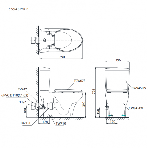 bản vẽ kỹ thuật bồn cầu 2 khối toto cs945pde2 nắp rửa cơ