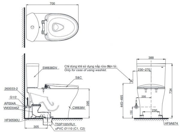 Bồn cầu 2 khối TOTO CS838DW6