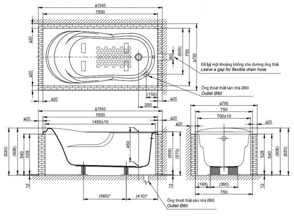 Bản vẽ kỹ thuật bồn tắm PAY1570D DB501R-2B TOTO