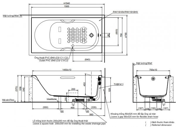 Bản vẽ kỹ thuật bồn tắm TOTO PAY1510HV-TBVF411