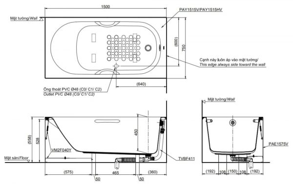 Bản vẽ kỹ thuật bồn tắm TOTO PAY1515VC-TBVF411