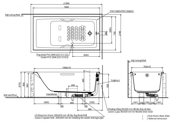 Bản vẽ kỹ thuật bồn tắm TOTO PAY1520HV-TBVF411