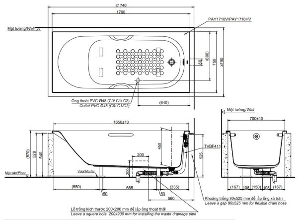 Bản vẽ kỹ thuật bồn tắm TOTO PAY1710HV-TBVF411