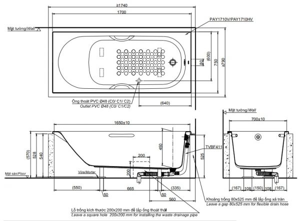 Bản vẽ kỹ thuật bồn tắm TOTO PAY1710V-TBVF411