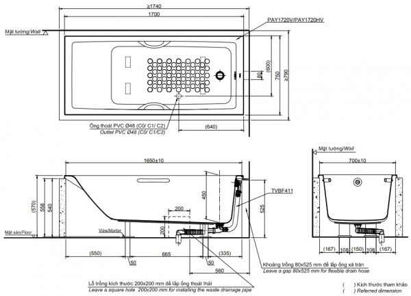 Bản vẽ kỹ thuật bồn tắm TOTO PAY1720HV-TBVF411