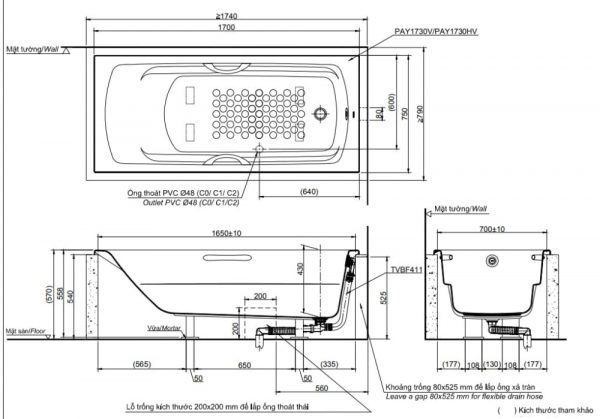 Bản vẽ kỹ thuật bồn tắm TOTO PAY1730V-TBVF411