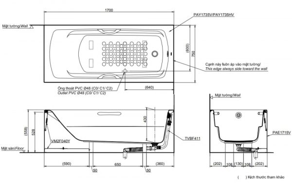 Bản vẽ kỹ thuật bồn tắm TOTO PAY1735HVC-TBVF411