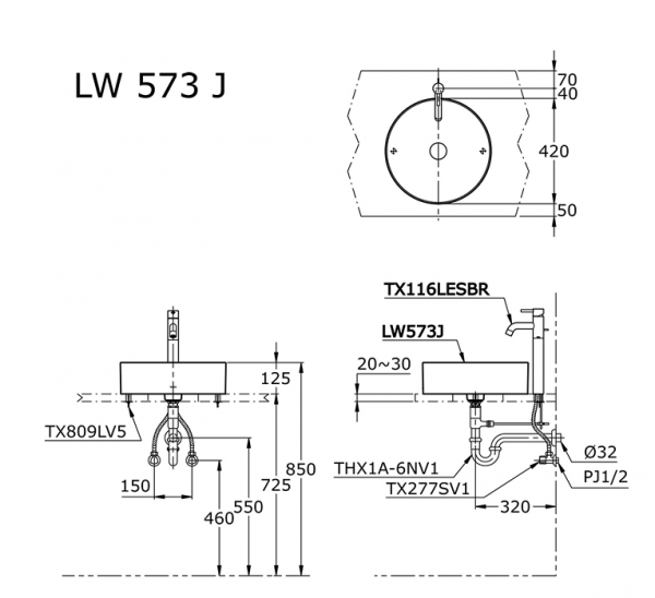 Bản vẽ kỹ thuật chậu lavabo TOTO LW573JW