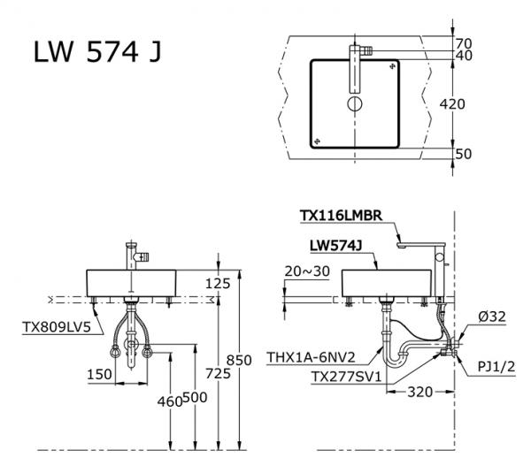 Bản vẽ kỹ thuật Chậu lavabo TOTO LW574JW