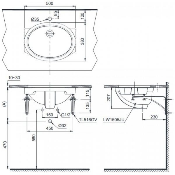 Chậu rửa mặt lavabo TOTO LW1505V âm bàn hình oval