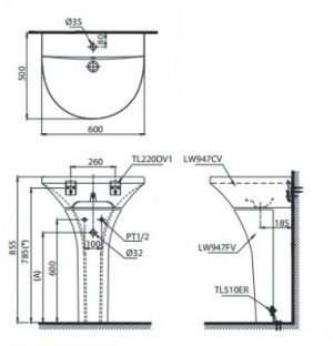TOTO LPT947CS - Chậu rửa mặt lavabo chân dài treo tường 7 Bản vẽ kỹ thuật chậu rửa mặt TOTO LPT947CR