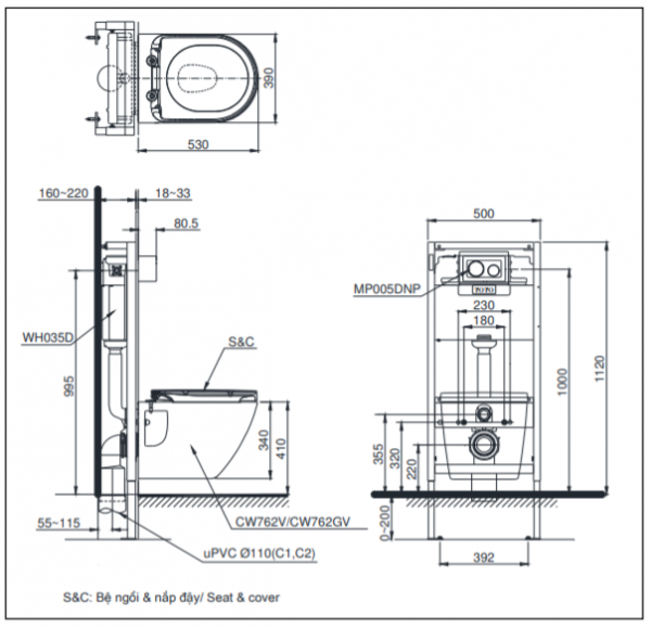 bản vẽ kỹ thuật của bồn cầu TOTO CW762/TCF4732A