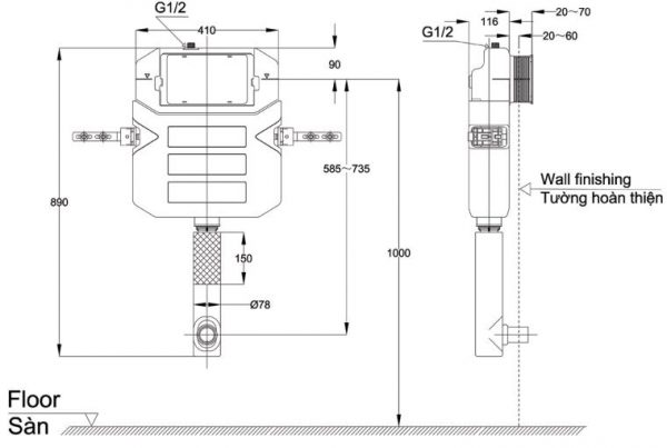 Bản vẽ kỹ thuật két nước âm tường WH060 TOTO