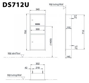 TOTO DS712U - Tủ đựng giấy kết hợp thùng rác âm tường 2 Bản vẽ kỹ thuật Máy sấy tay TOTO DS712U hai mặt