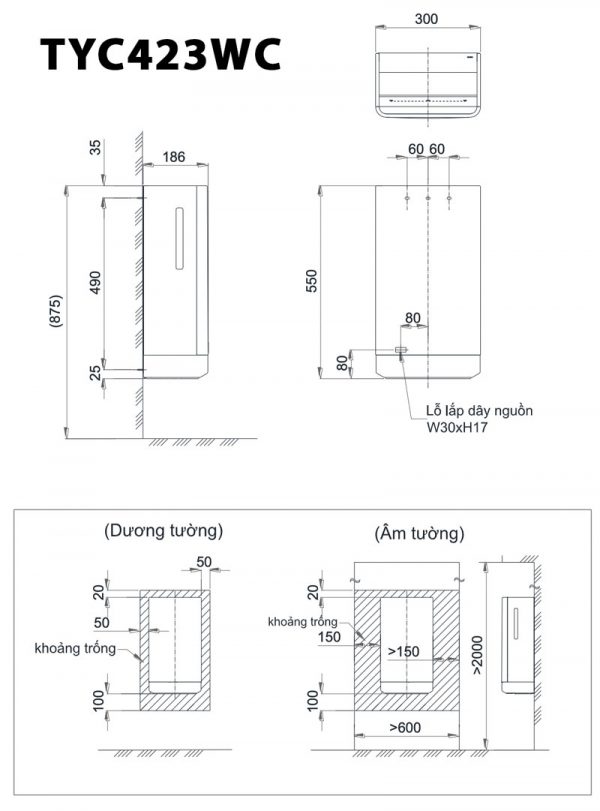 Bản vẽ kỹ thuật Máy sấy tay TOTO TYC423WC hai mặt