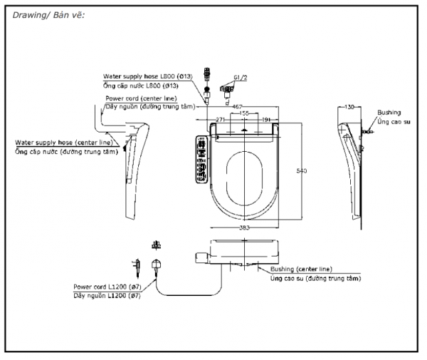 Bản vẽ kỹ thuật Nắp rửa điện tử TOTO TCF33370GAA