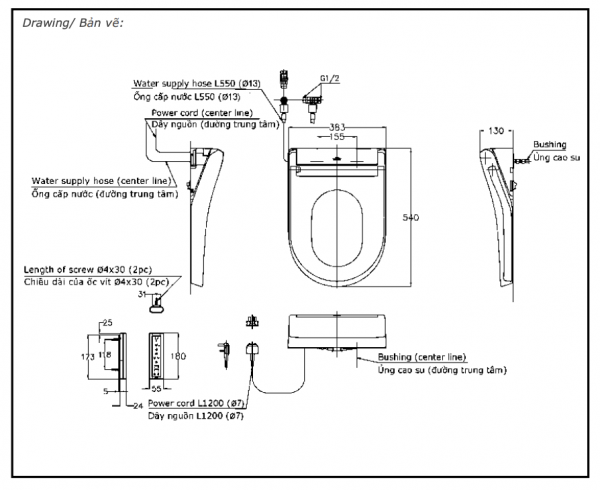 Bản vẽ kỹ thuật Nắp rửa điện tử TOTO TCF34320GAA