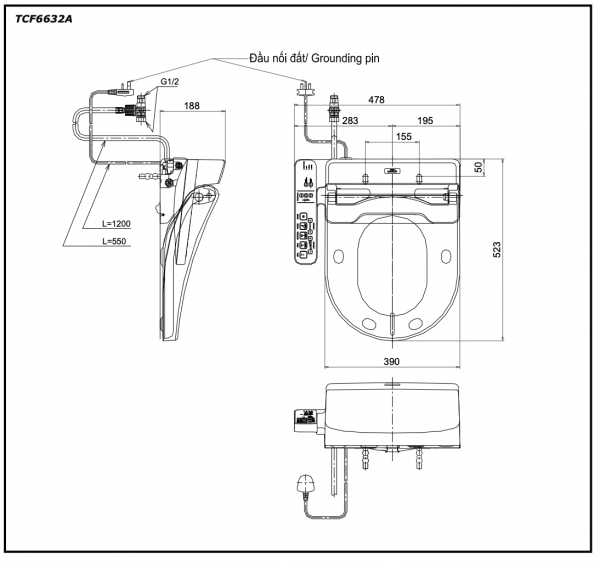 Bản vẽ kỹ thuật Nắp rửa điện tử TOTO TCF6632A (W8)