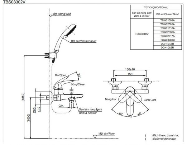 Bản vẽ kĩ thuật Sen tắm TBS03302V-DGH108ZR TOTO nóng lạnh