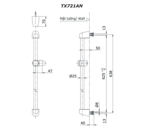 Bản vẽ kỹ thuật Thanh trượt sen tắm TOTO TX721AN