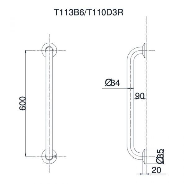 Bản vẽ kỹ thuật Thanh vịn TOTO T113B6 T110D3R(x2) gắn tường