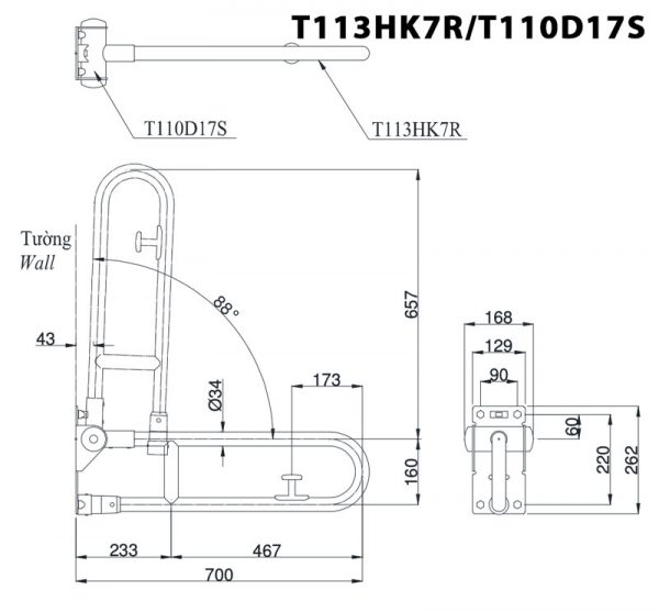 Bản vẽ kỹ thuật Thanh vịn TOTO T113HK7R T110D17S gắn tường