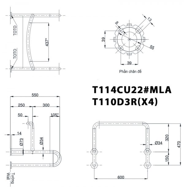 Bản vẽ kỹ thuật Thanh vịn TOTO T114CU22#MLA T110D3R(x4) gắn tường