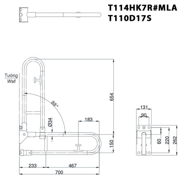 Bản vẽ kỹ thuật Thanh vịn TOTO T114HK7R#MLA T110D17S gắn tường