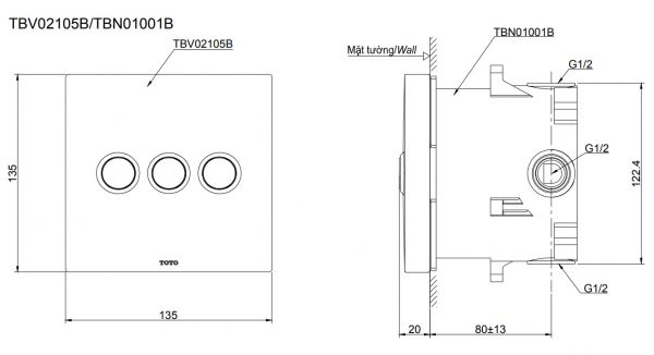 Bản vẽ kỹ thuật Van chuyển hướng TOTO TBV02105B TBN01001B sen âm tường