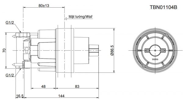 Bản vẽ kỹ thuật Van dừng TOTO TBN01104B sen âm tường