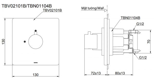 Bản vẽ kỹ thuật Van dừng TOTO TBV02101B TBN01104B sen âm tường