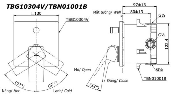 Bản vẽ kỹ thuật Van gật gù TOTO TBG10304V TBN01001B sen âm tường