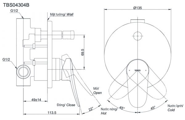 Bản vẽ kỹ thuật Van gật gù TOTO TBS04304B sen âm tường