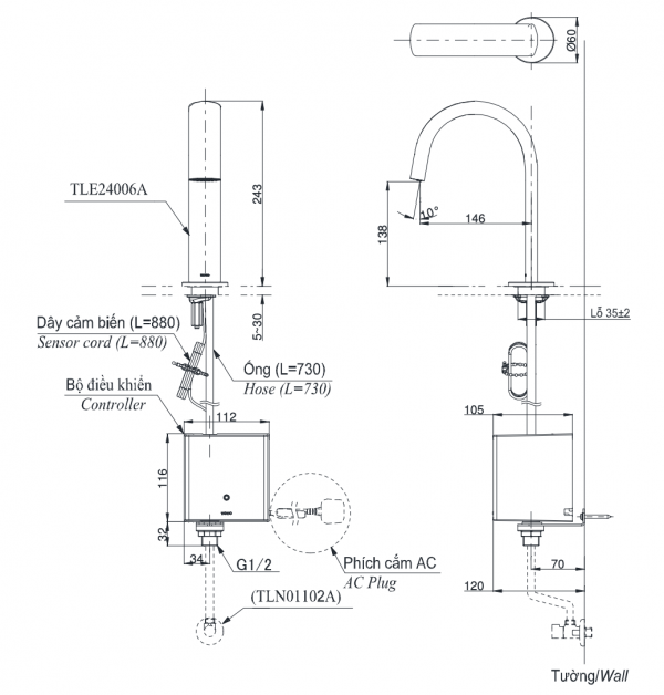 Bản vẽ kỹ thuật Vòi chậu lavabo TOTO TLE24006A cảm ứng gắn bàn/chậu