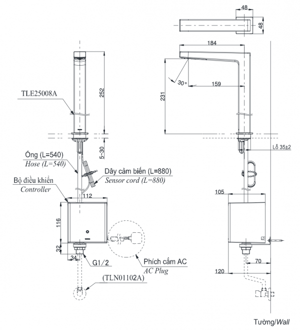 Bản vẽ kỹ thuật Vòi chậu lavabo TOTO TLE25008A cảm ứng gắn bàn/chậu