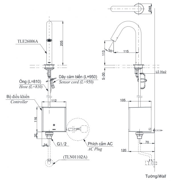 Bản vẽ kỹ thuật Vòi chậu lavabo TOTO TLE26006A cảm ứng gắn bàn/chậu