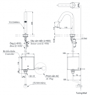 TOTO TLE26007A - Vòi chậu lavabo cảm ứng cổ cao 5 Bản vẽ kỹ thuật Vòi chậu lavabo TOTO TLE26007A cảm ứng gắn bàn/chậu